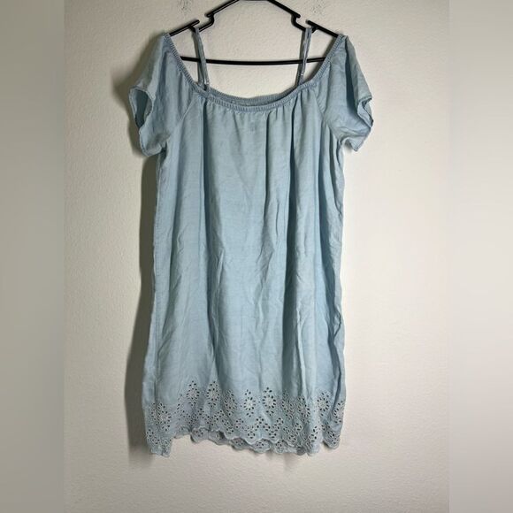 Old Navy Blue Chambray Denim Off Shoulder Eyelet Lace Hem Casual Dress Sz M - Picture 2 of 12